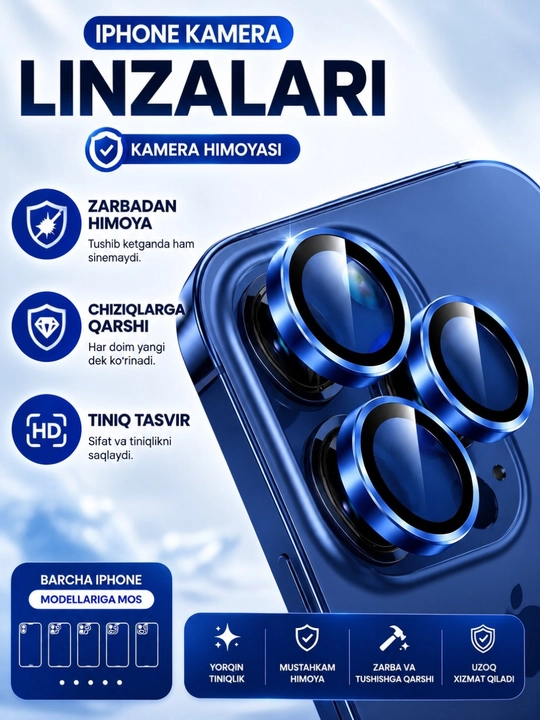 Kamera uchun himoya oyna iPhone 13 Pro, 11, 12, 14, 15, 16, 17 Pro/Pro Max g`ilof - 