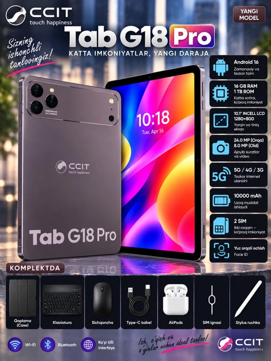 CCIT Tab G18 Pro 10.1", 16/1TB, 5G, Android 16, 2 SIM