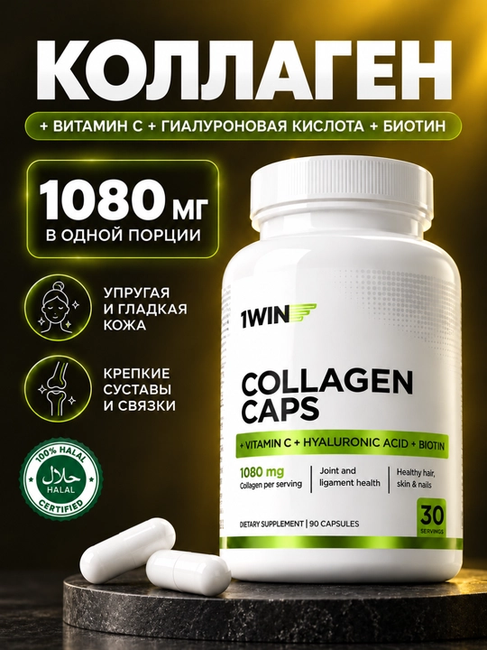 Kollagen + Vitamin C 1WIN, peptid kukun va kapsula, teri, bo‘g‘im, soch va tirnoqlar uchun - 