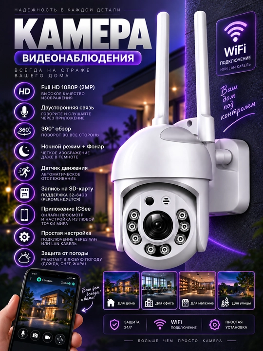 Aqlli Wi-Fi kamera, videokuzatuv kameralari, 360° Full HD kamera
