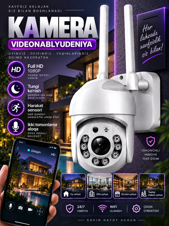 Aqlli Wi-Fi kamera, videokuzatuv kameralari, 360° Full HD kamera - 