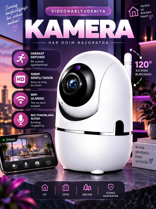 Aqlli Wi-Fi kamera, videokuzatuv kameralari, 360° Full HD kamera - 