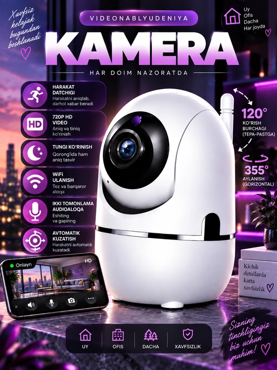 Aqlli Wi-Fi kamera, videokuzatuv kameralari, 360° Full HD kamera