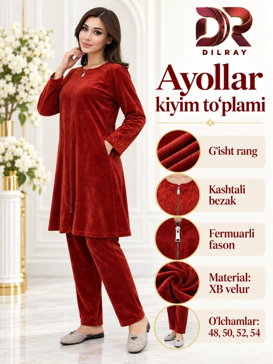 Ayollar dvoykasi, velur tunika va shim to‘plami, 48–54