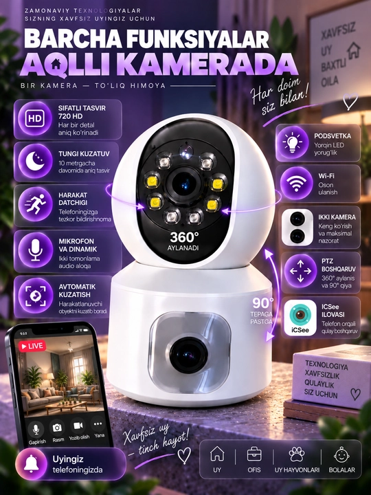 Aqlli Wi-Fi kamera, videokuzatuv kameralari, 360° Full HD kamera