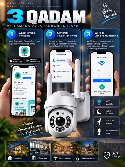 Aqlli Wi-Fi kamera, videokuzatuv kameralari, 360° Full HD kamera
