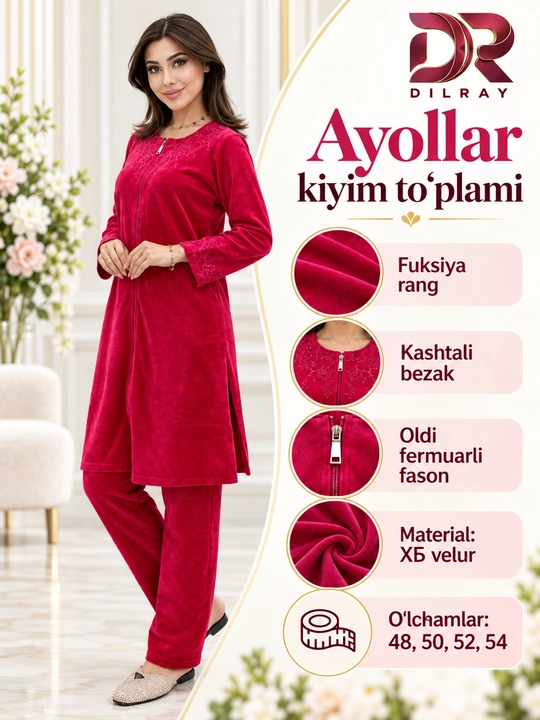 Ayollar dvoykasi, velur tunika va shim to‘plami, 48–54