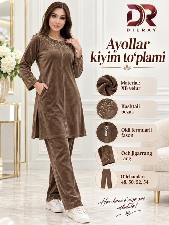 Ayollar dvoykasi, velur tunika va shim to‘plami, 48–54