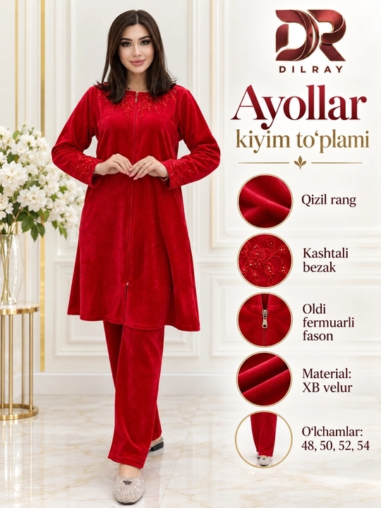 Ayollar dvoykasi, velur tunika va shim to‘plami, 48–54