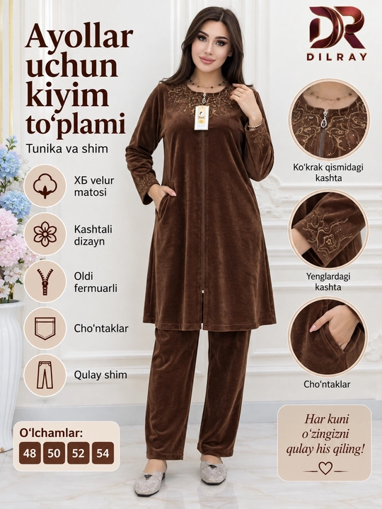 Ayollar dvoykasi, velur tunika va shim to‘plami, 48–54