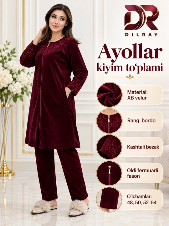 Ayollar dvoykasi, velur tunika va shim to‘plami, 48–54