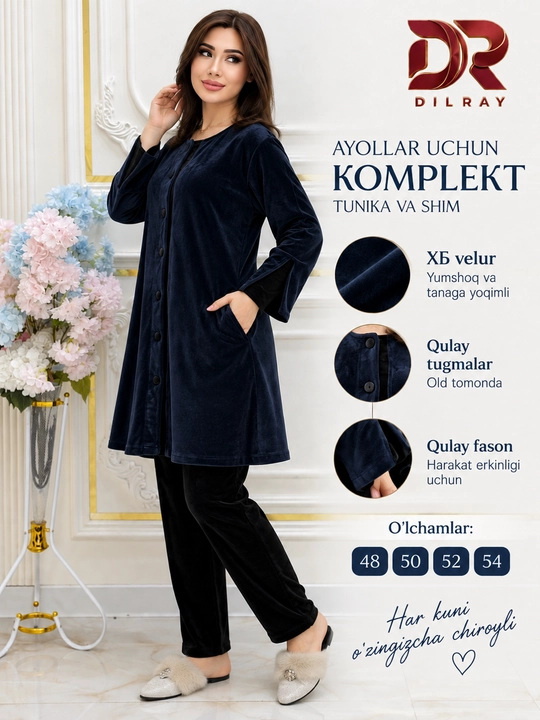 Ayollar dvoykasi, velur tunika va shim to‘plami, 48–54