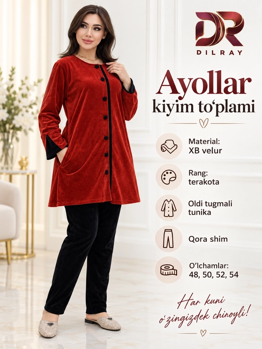 Ayollar dvoykasi, velur tunika va shim to‘plami, 48–54