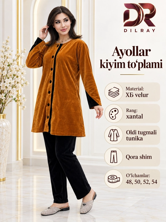Ayollar dvoykasi, velur tunika va shim to‘plami, 48–54