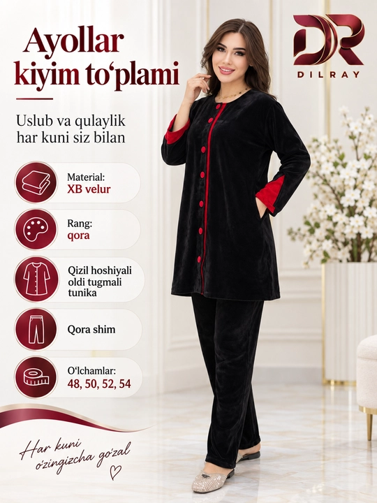 Ayollar dvoykasi, velur tunika va shim to‘plami, 48–54