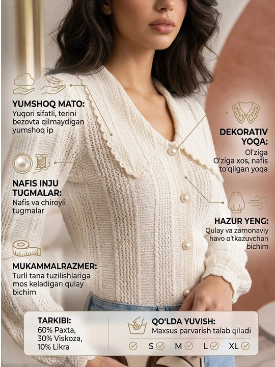 Ayollar uchun oq bluzka - yengil, uzun yengli, nafis bluzka - 