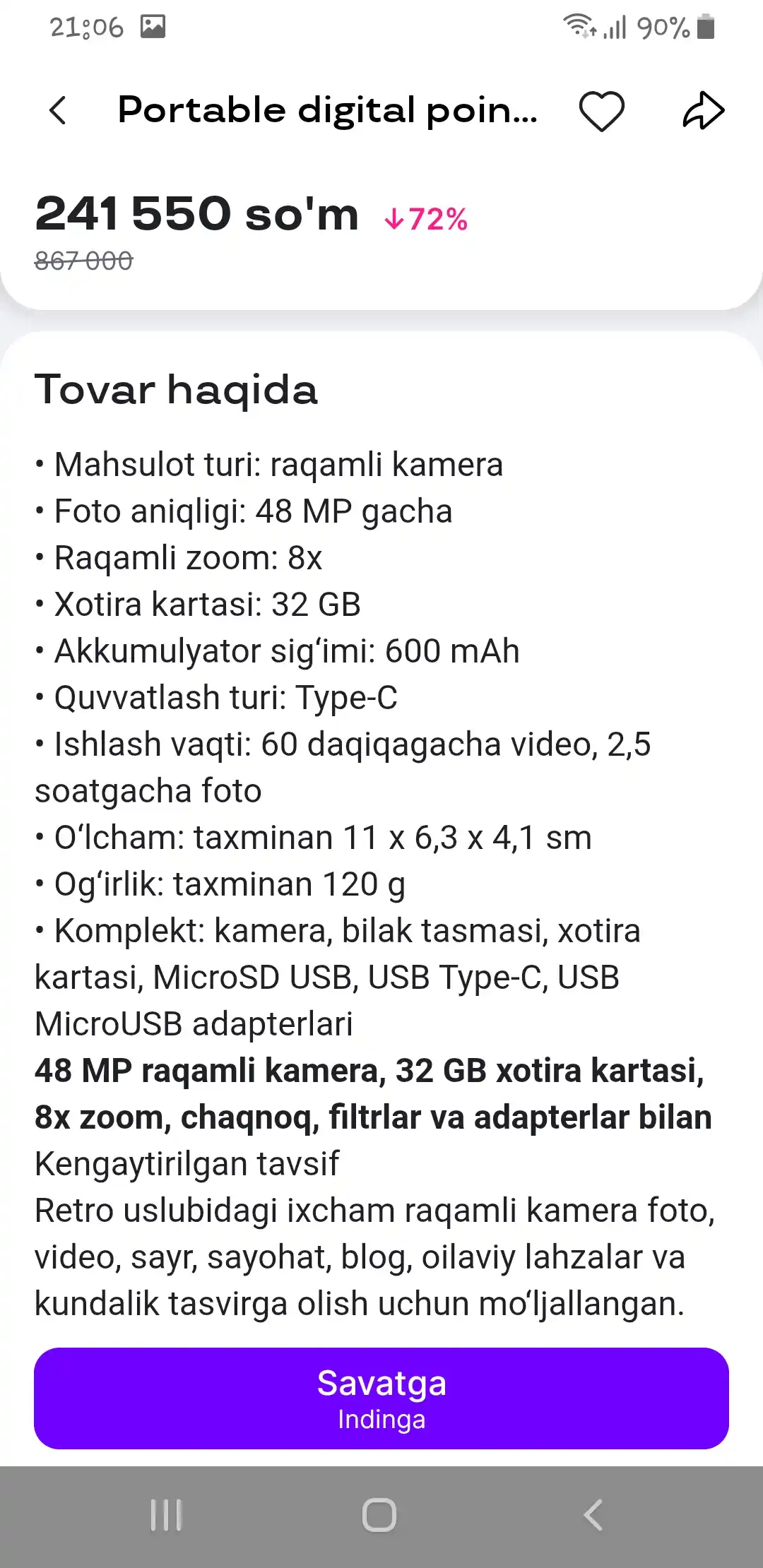 Portable digital point-and-shoot camera with HD 1080P, 8X digital zoom, AF focus