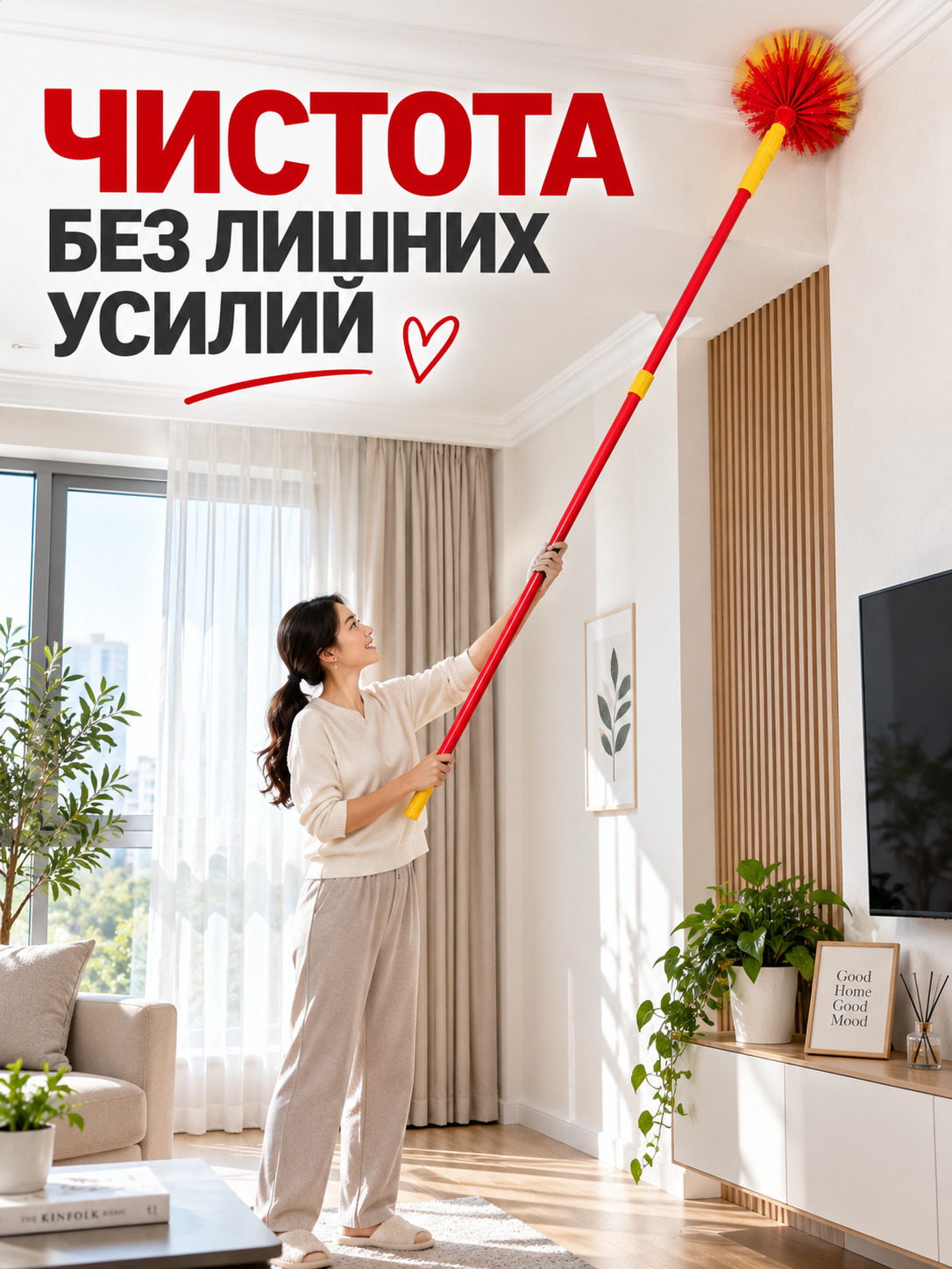 Shift va baland joylar uchun teleskopik cho‘tka, chang va o‘rgimchak to‘ri uchun, 1,8–4 m
