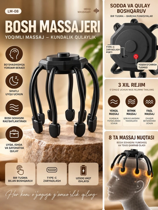 Bosh massajeri LM-08, 8 nuqtali, 3 rejimli, Type-C quvvatlash