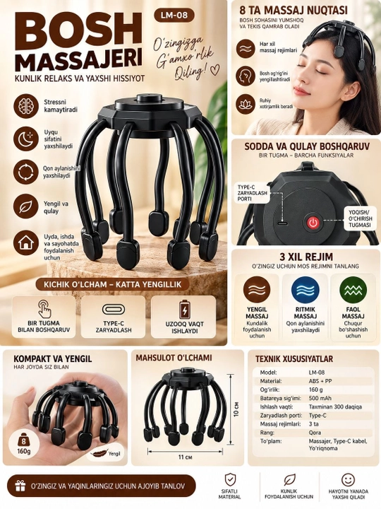 Bosh massajeri LM-08, 8 nuqtali, 3 rejimli, Type-C quvvatlash
