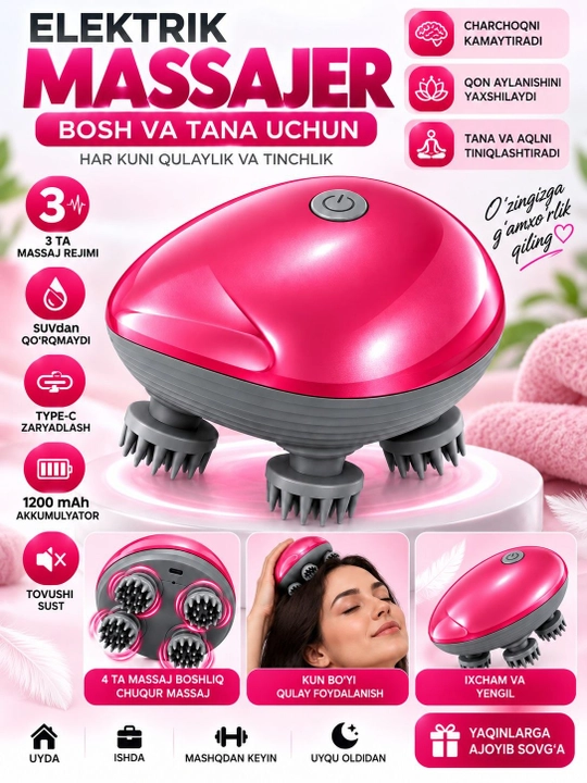 Elektrik bosh va tana massajeri, 3 rejim, 1200 mAh, Type-C zaryad