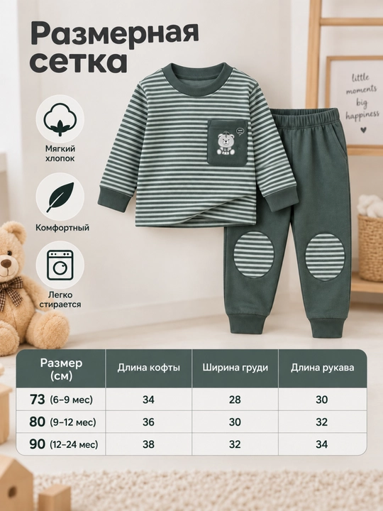 Qizlar va o‘g‘il bolalar uchun pijama, 6 oylikdan 2 yoshgacha, o‘lchamlari 70–80–90