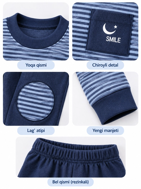 Qizlar va o‘g‘il bolalar uchun pijama, 6 oylikdan 2 yoshgacha, o‘lchamlari 70–80–90