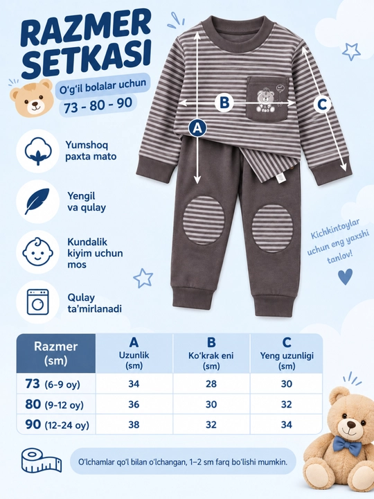 Qizlar va o‘g‘il bolalar uchun pijama, 6 oylikdan 2 yoshgacha, o‘lchamlari 70–80–90