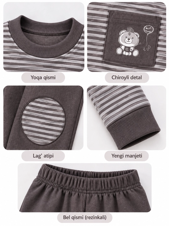 Qizlar va o‘g‘il bolalar uchun pijama, 6 oylikdan 2 yoshgacha, o‘lchamlari 70–80–90