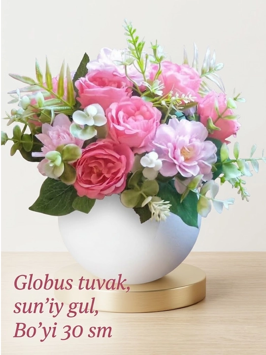 Sun'iy gul "Globus" oq tuvakda, interyer dekori uchun, 30 sm