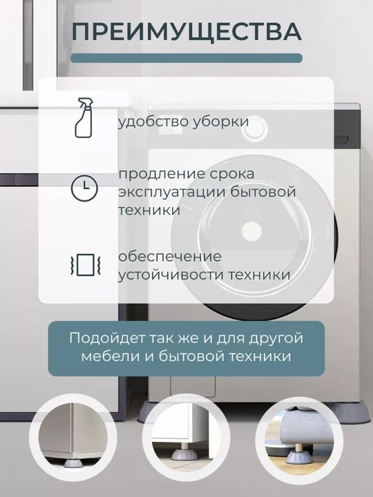 Kir yuvish mashinalari va maishiy texnika uchun vibratsiyaga qarshi pol tagliklari, 4 dona