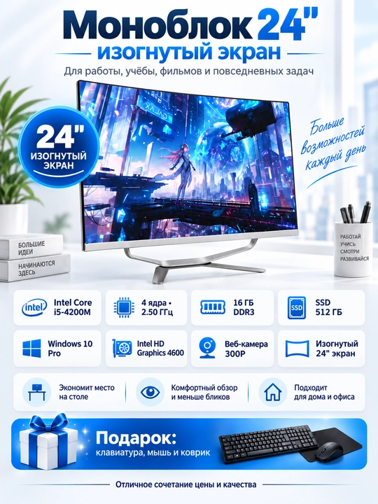 Моноблок с изогнутым экраном 24-дюймов, i5 4690  SSD 512гб, RAM 16гб с камерой - 