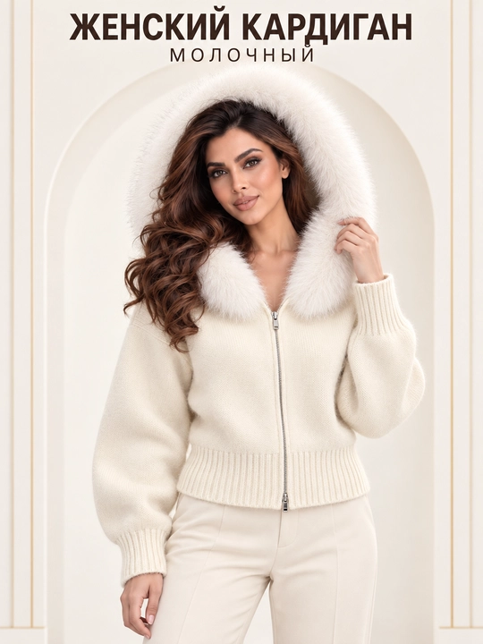 Ayollar va qizlar uchun zamokli trikotaj sviter, mo‘ynali kapushonli, 42–48 o‘lcham
