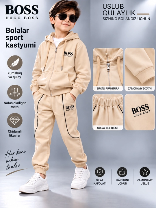 BOSS o‘g‘il bola uchun "ikki" kostyumi, sport to‘plami, to‘q sariq poliester - 