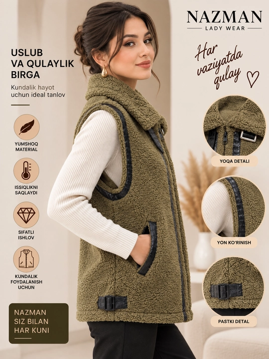 Ayollar uchun issiq teddy nimcha NAZMAN Textile, fermuarli va cho‘ntakli