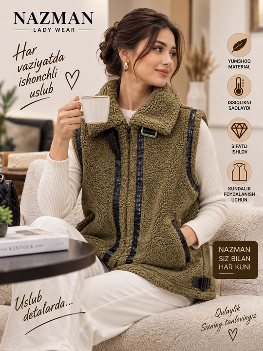Ayollar uchun issiq teddy nimcha NAZMAN Textile, fermuarli va cho‘ntakli