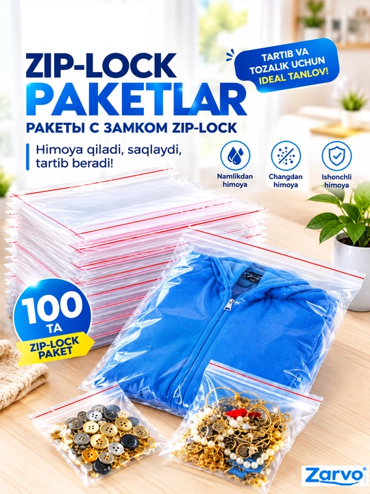 Zamokli paketlar Zip-lock, 100 dona - 
