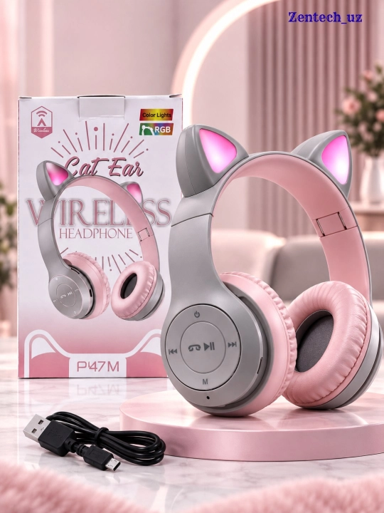 Беспроводные наушники Cat Ear P47M с RGB-подсветкой, микрофоном и управлением - 
