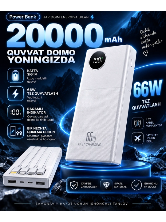 Poverbank, 10 000/20 000 mA·soat, 4 tasi 1 da kabelli tashqi akkumulyator, 66 W/22,5 - 