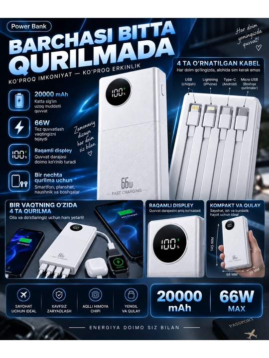 Powerbank iphone, 10 000/20 000mAh,4 tasi 1 da kabelli tashqi akkumulyator