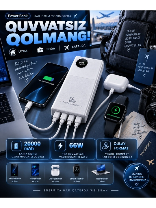 Powerbank iphone, 10 000/20 000mAh,4 tasi 1 da kabelli tashqi akkumulyator