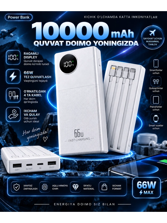 Poverbank, 10 000/20 000 mA·soat, 4 tasi 1 da kabelli tashqi akkumulyator, 66 W/22,5 - 