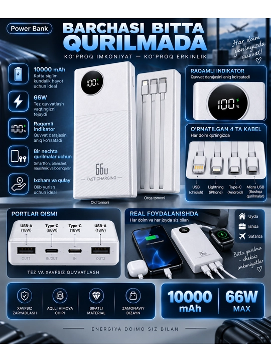 Powerbank iphone, 10 000/20 000mAh,4 tasi 1 da kabelli tashqi akkumulyator