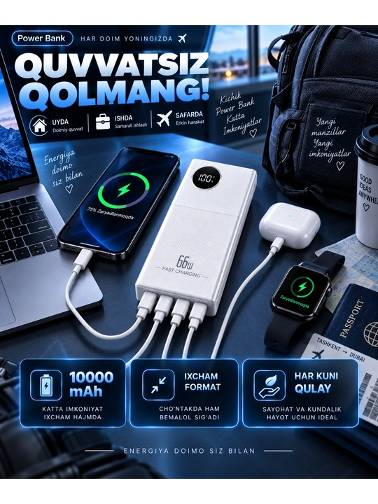 Powerbank iphone, 10 000/20 000mAh,4 tasi 1 da kabelli tashqi akkumulyator