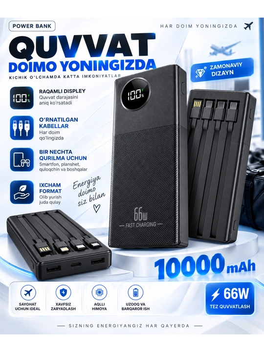 Powerbank iphone, 10 000/20 000mAh,4 tasi 1 da kabelli tashqi akkumulyator - 