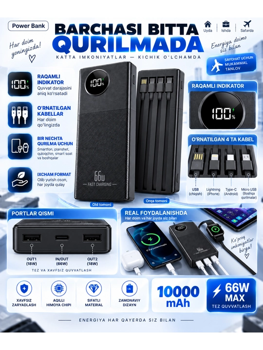 Powerbank iphone, 10 000/20 000mAh,4 tasi 1 da kabelli tashqi akkumulyator