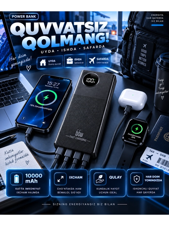 Powerbank iphone, 10 000/20 000mAh,4 tasi 1 da kabelli tashqi akkumulyator