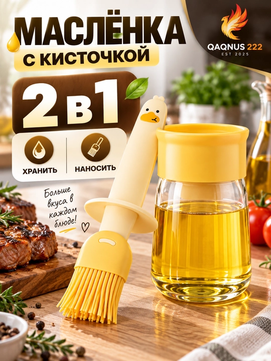Маслёнка с силиконовой кисточкой 2 в 1 для масла, маринада, гриля и выпечки - 