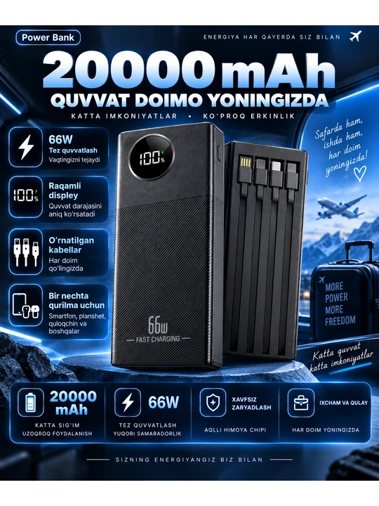 Powerbank iphone, 10 000/20 000mAh,4 tasi 1 da kabelli tashqi akkumulyator