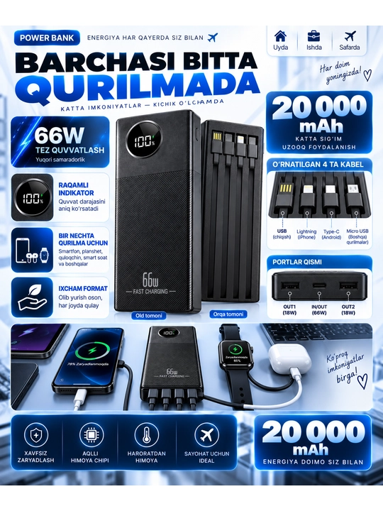Powerbank iphone, 10 000/20 000mAh,4 tasi 1 da kabelli tashqi akkumulyator